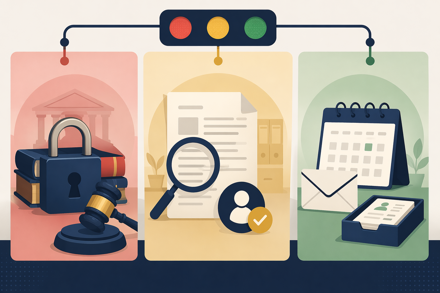 Three color-coded zones for legal AI work: red for restricted work, yellow for human-verified legal work, and green for administrative use