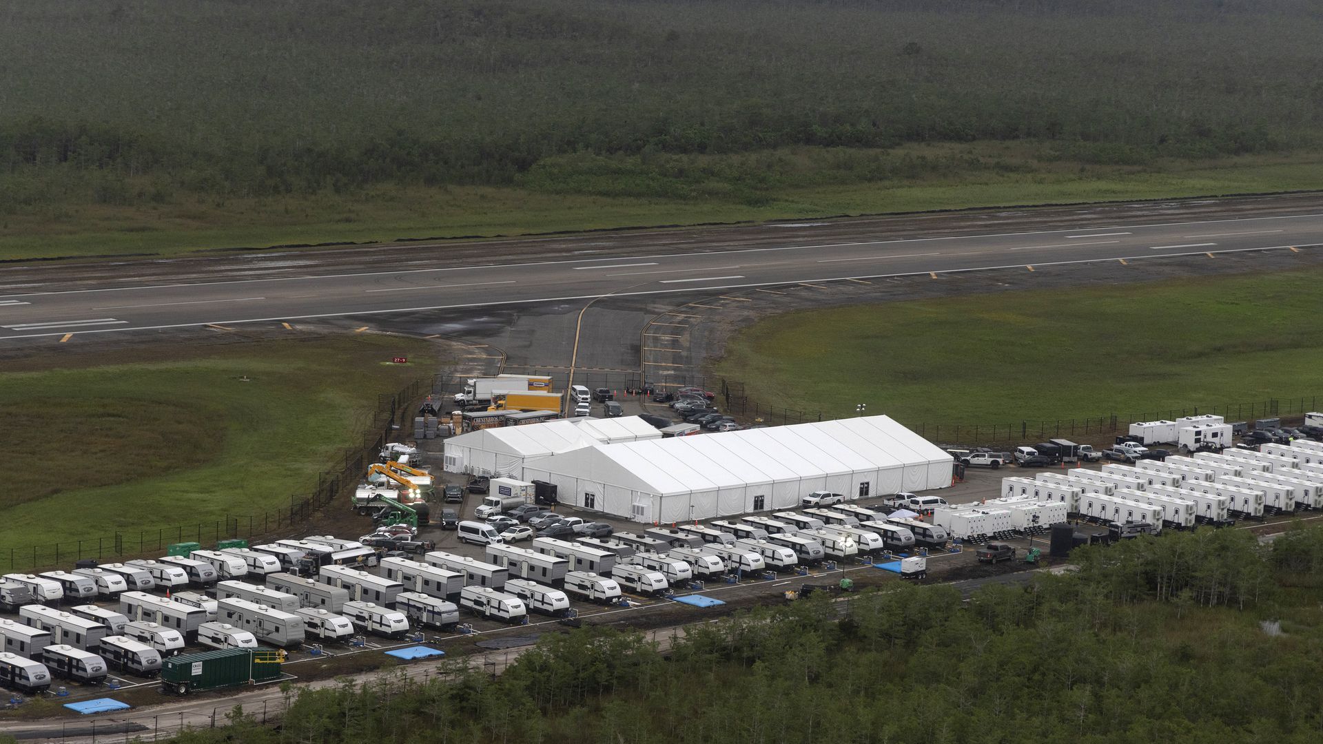 Aerial view of the Alligator Alcatraz detention facility on a former airstrip in the Everglades