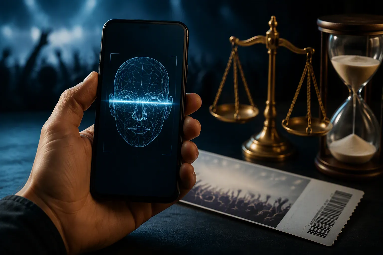 Smartphone showing a wireframe facial scan beside a concert ticket, legal scale, and hourglass