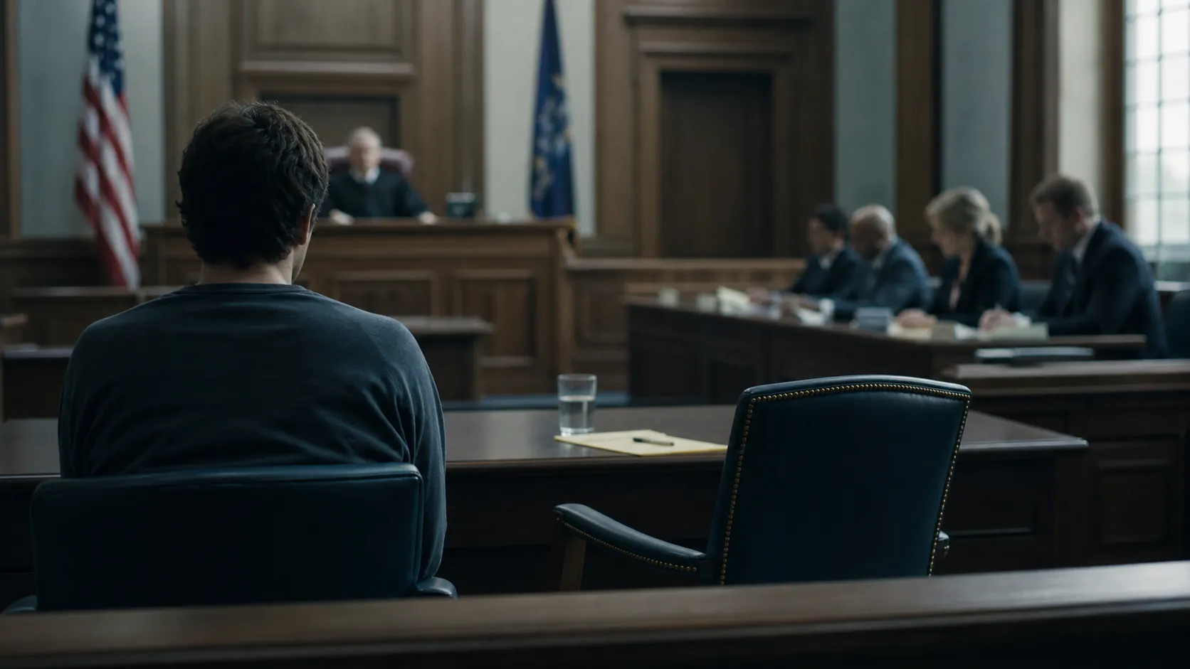 Federal courtroom with a lone defendant at the defense table and an empty counsel chair