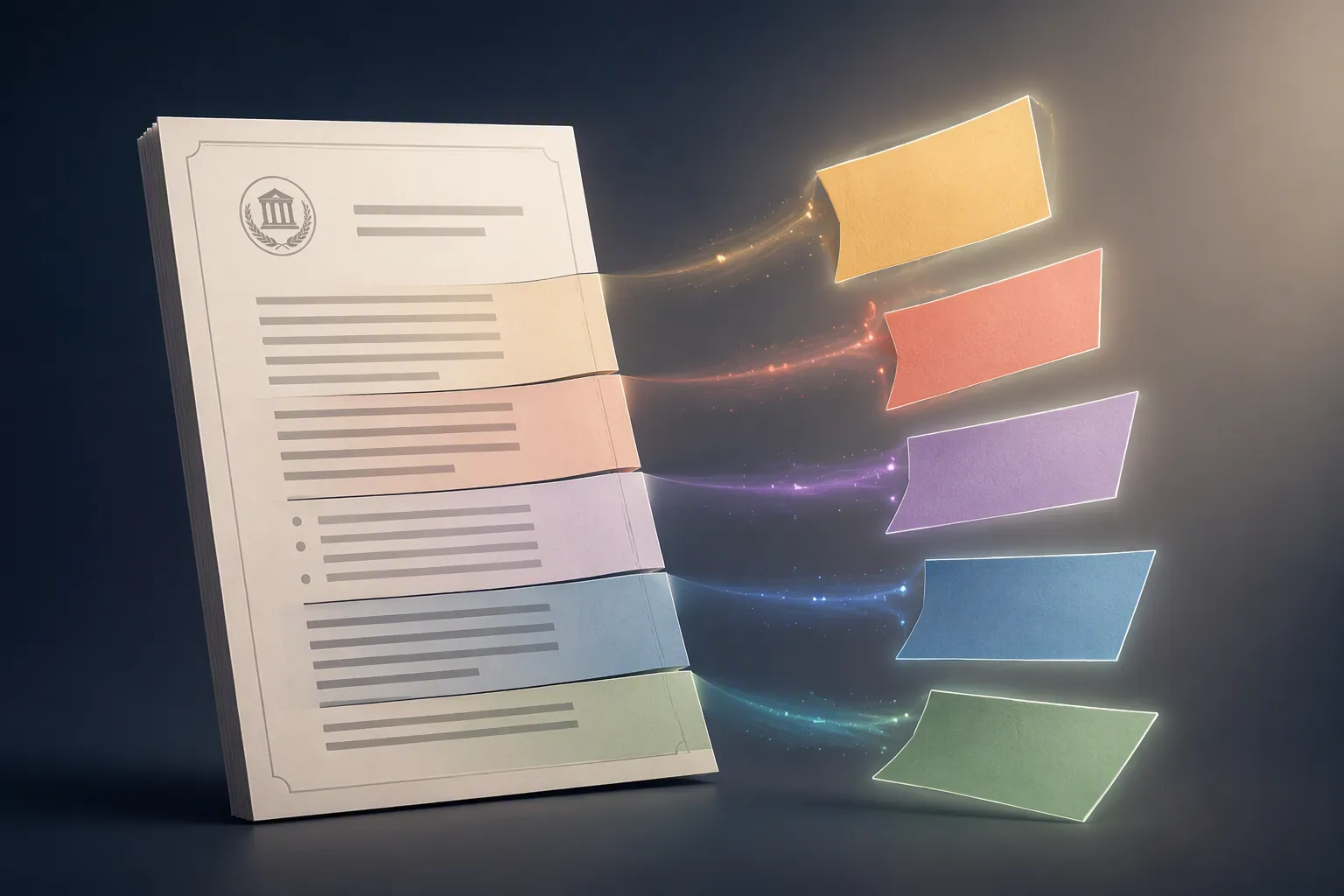 Segments of an official document separating to show individual bill provisions gaining independent momentum