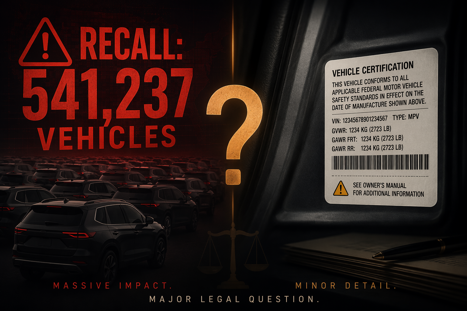 Editorial contrast between a large Subaru recall warning and a small vehicle certification sticker