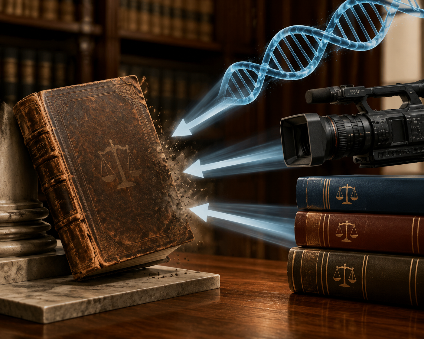 A Kekona 1994 law book displaced by a DNA helix, video camera, and state law books