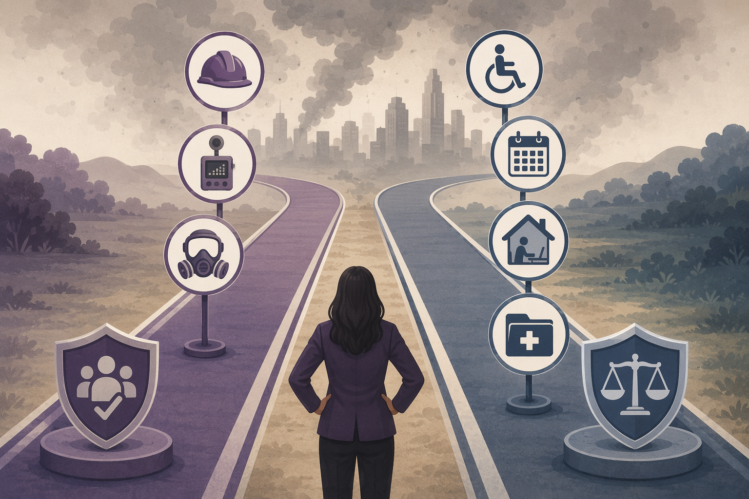 Conceptual illustration of parallel compliance tracks for state OSHA wildfire-smoke duties and ADA or FMLA accommodations