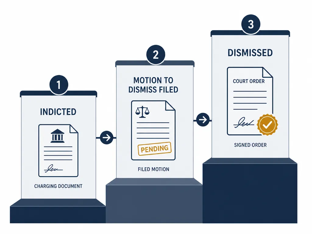 Diagram showing Indicted, Motion to Dismiss Filed, and Dismissed as separate procedural states with their confirming documents
