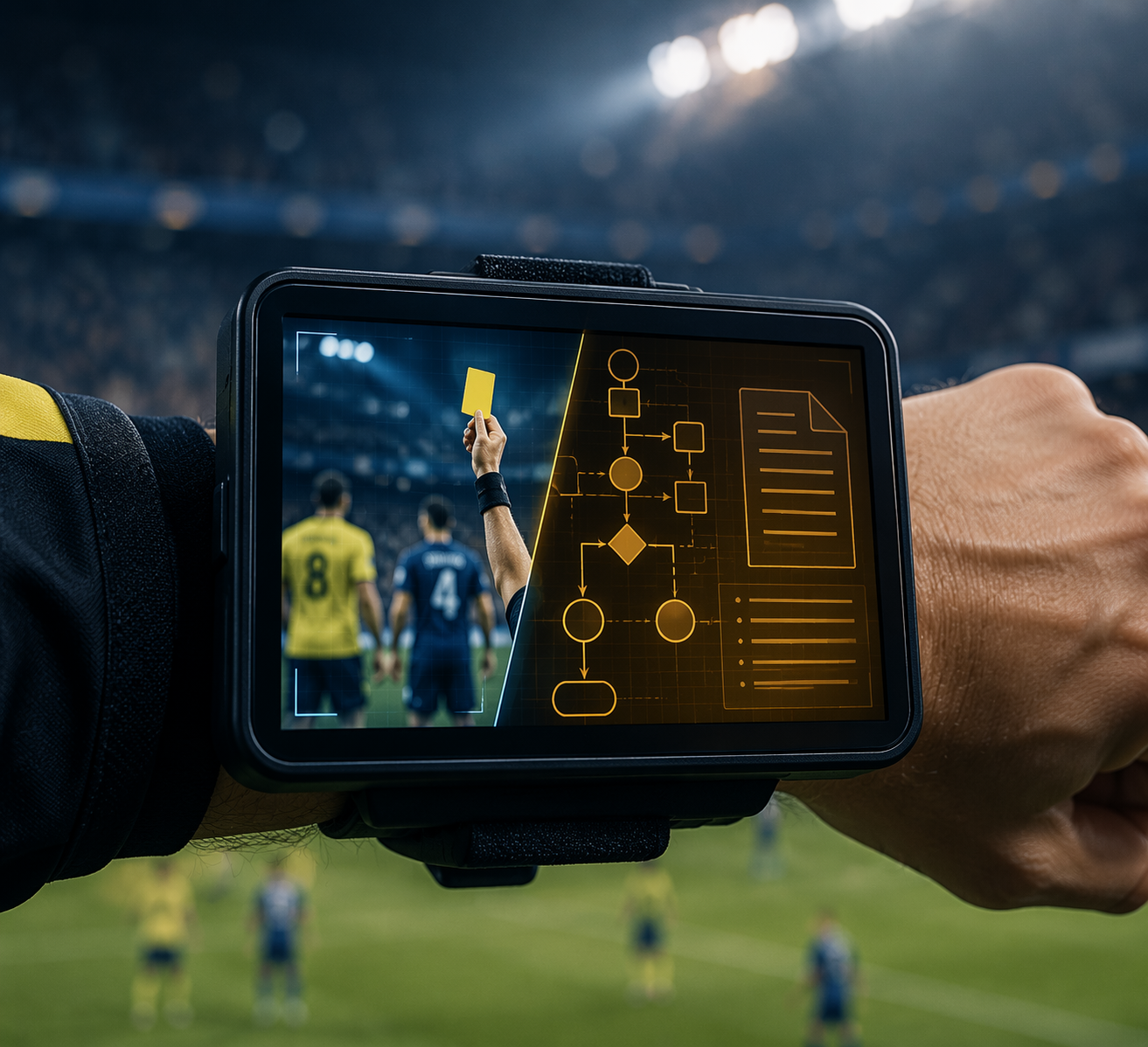 VAR monitor beside a blurred yellow-card football scene and regulatory flowchart overlays