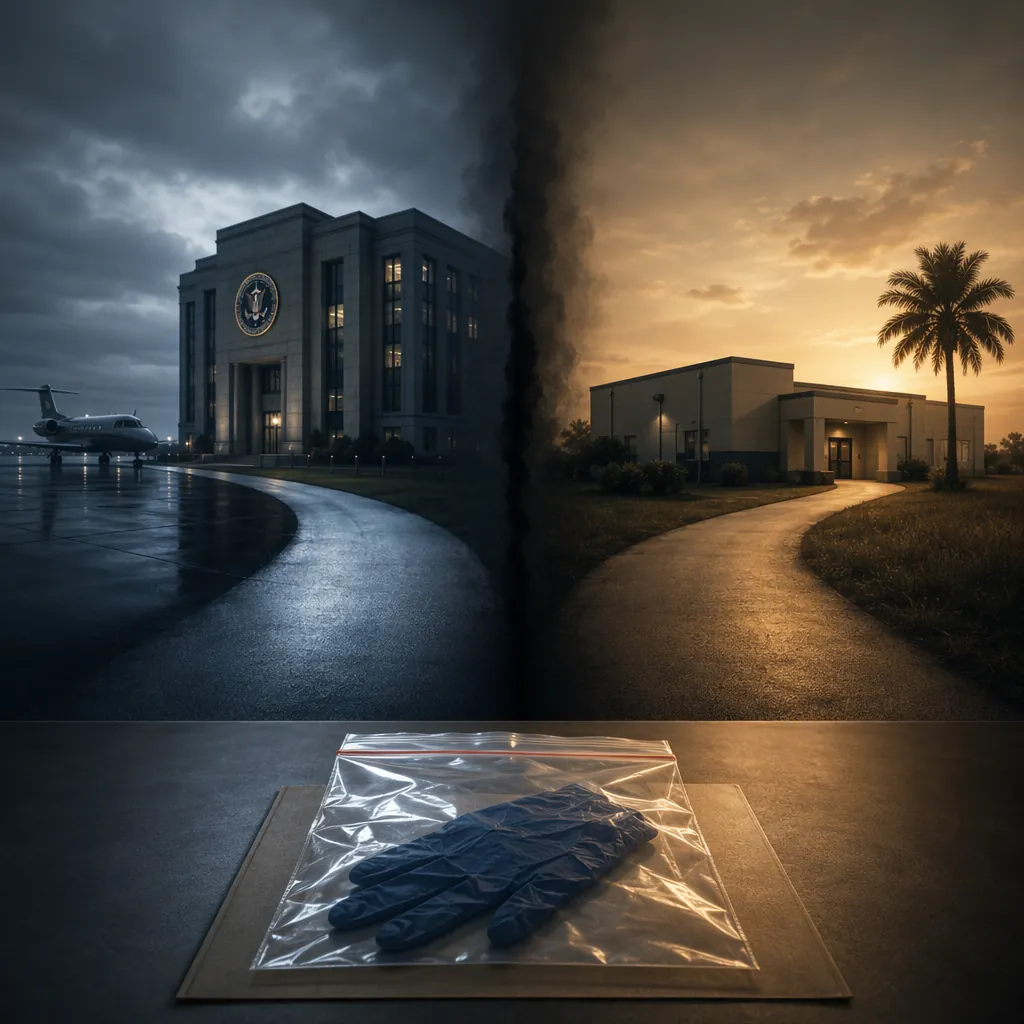 An evidence bag containing a glove splits into paths toward a federal building and a private laboratory