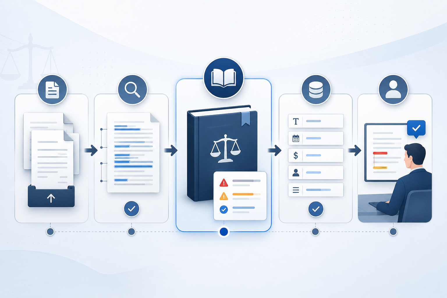 Five-stage AI contract review pipeline from document ingestion through human review