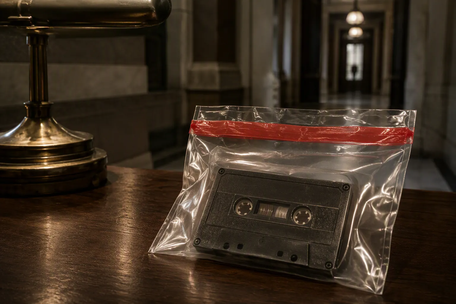 Audio cassette sealed in a clear evidence bag with a tamper-evident seal