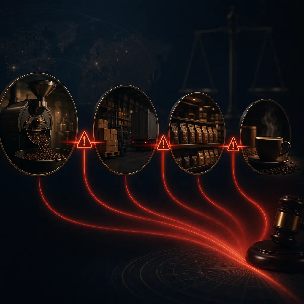 Conceptual distribution chain from roastery to distributor, retailer, and consumer with warning lines