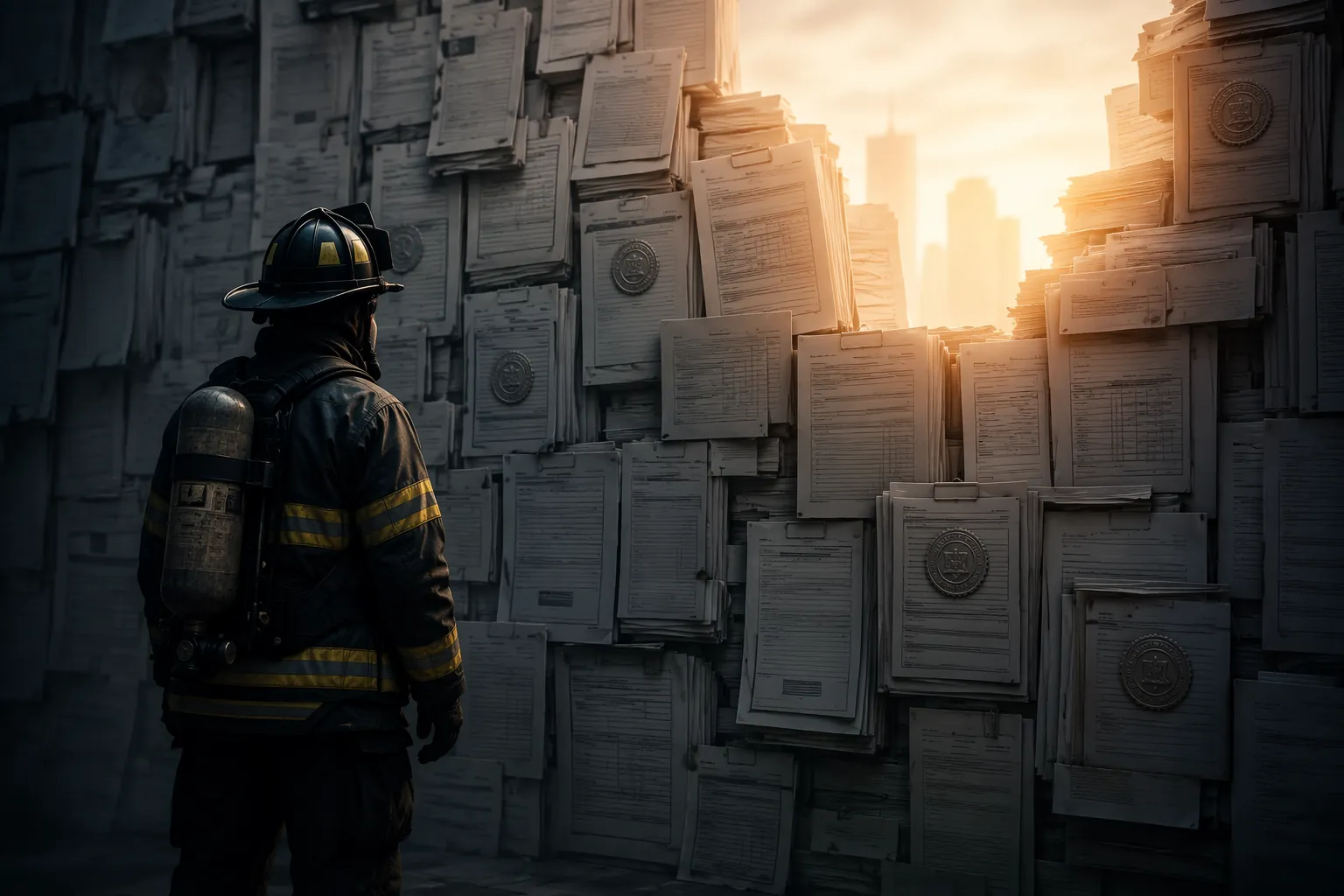 Firefighter facing a wall of legal documents and claim forms