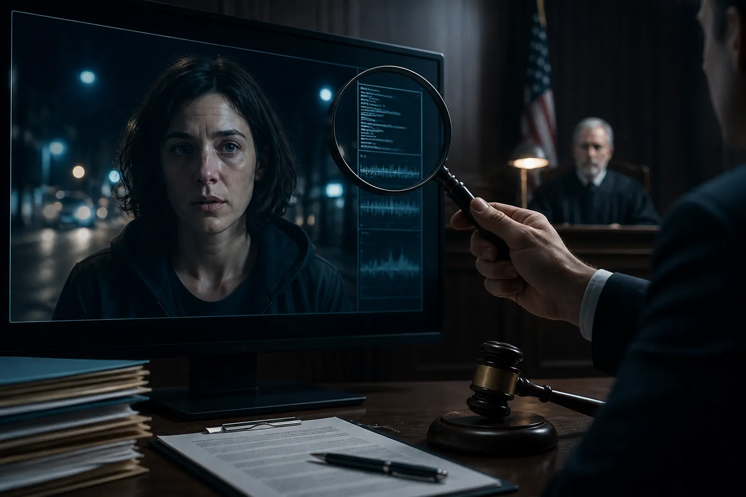 Courtroom screen showing a photorealistic AI-generated video frame being inspected with a magnifying glass for metadata