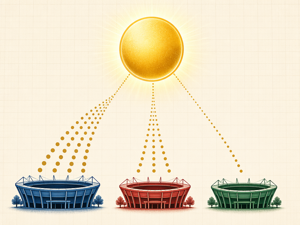 Three stadium silhouettes with prize streams showing match-proportion allocation across three countries