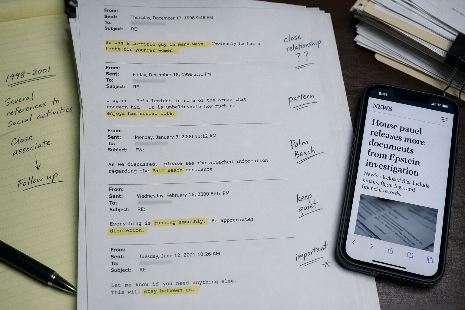 Highlighted printed email chain with margin notes and a phone showing a news article