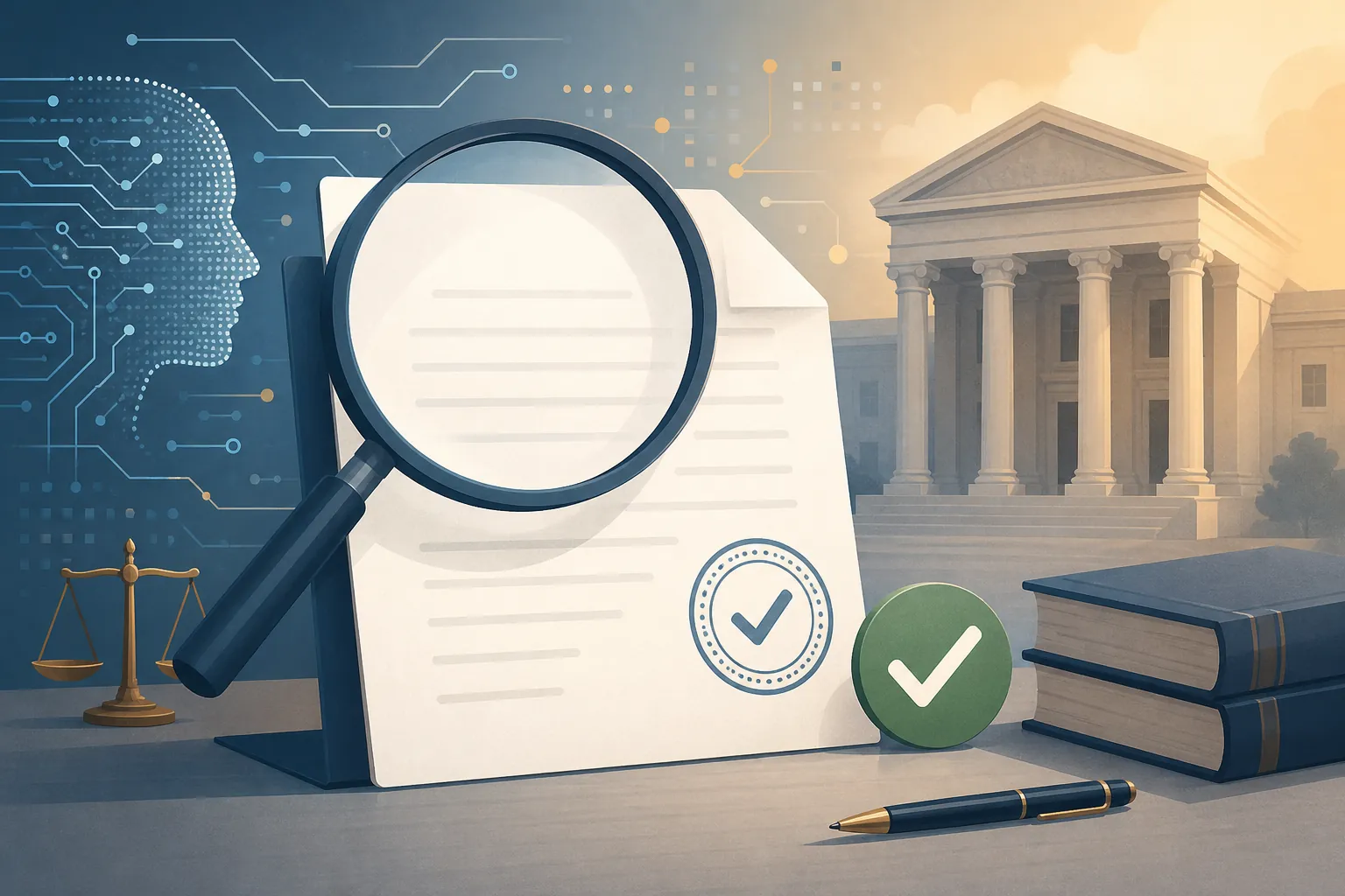 Magnifying glass inspecting a legal document with a verification seal and circuit lines