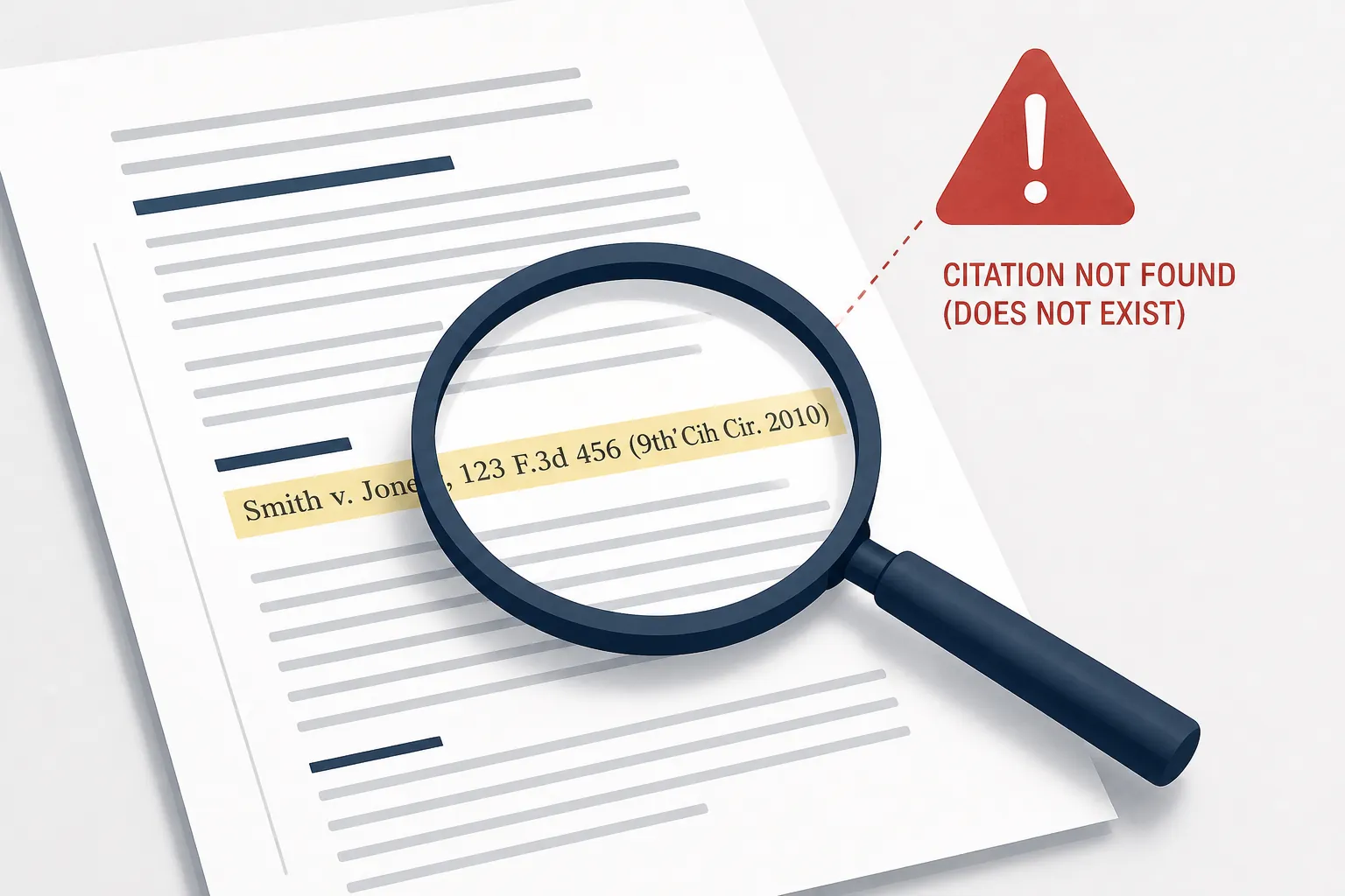 Legal brief citation examined under a magnifying glass with a warning symbol