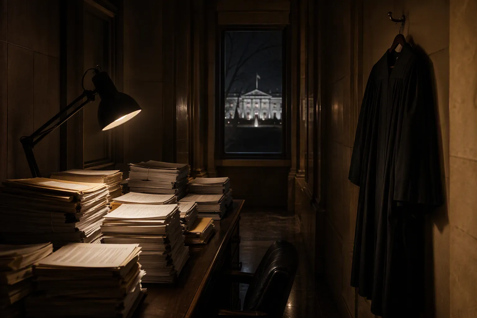 Stacks of emergency stay applications on a dim desk outside a courtroom with the White House faintly visible