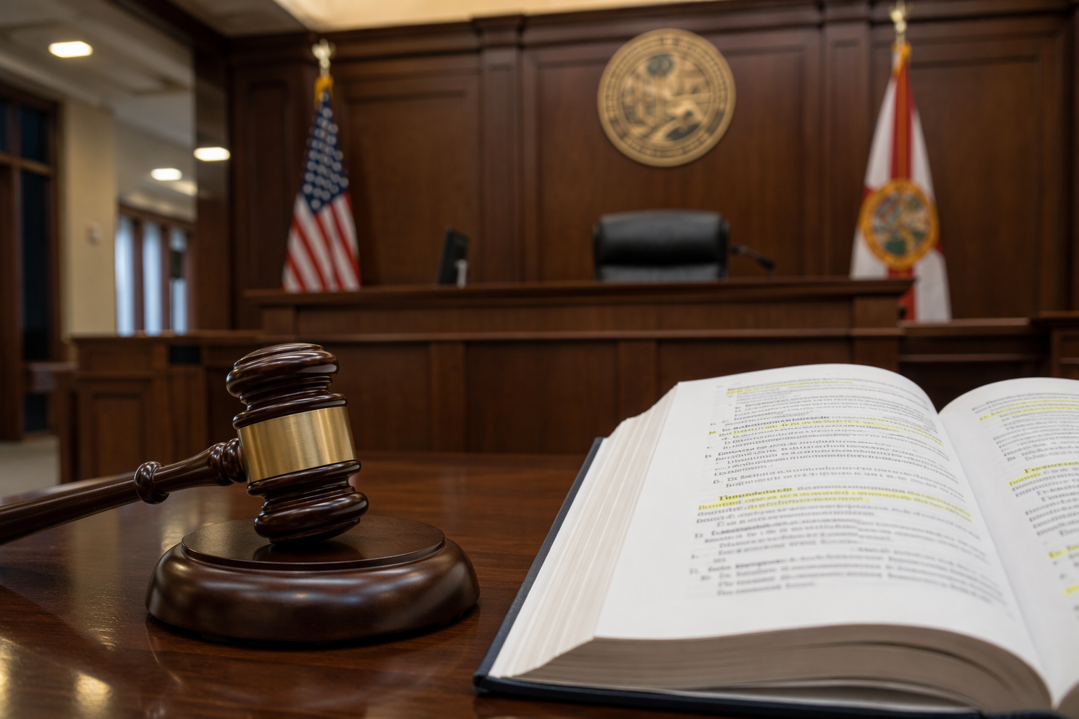 Florida courthouse interior with an open law book and gavel
