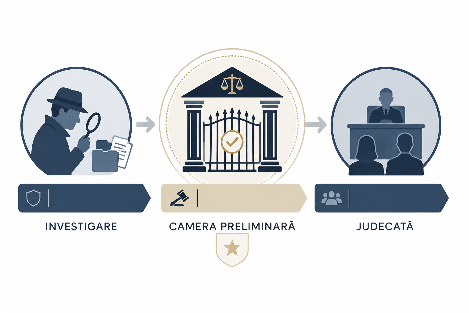 Flowchart showing Romanian criminal procedure from investigation to preliminary chamber to trial