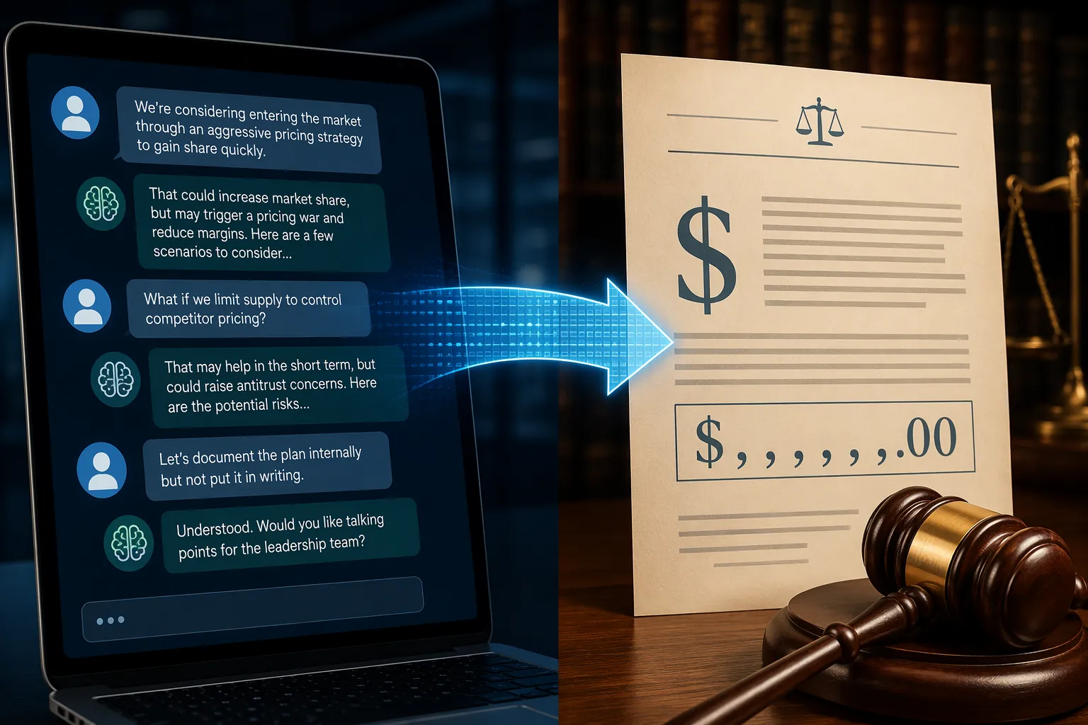 Smartphone ChatGPT conversation connected to courtroom documents and a dollar symbol