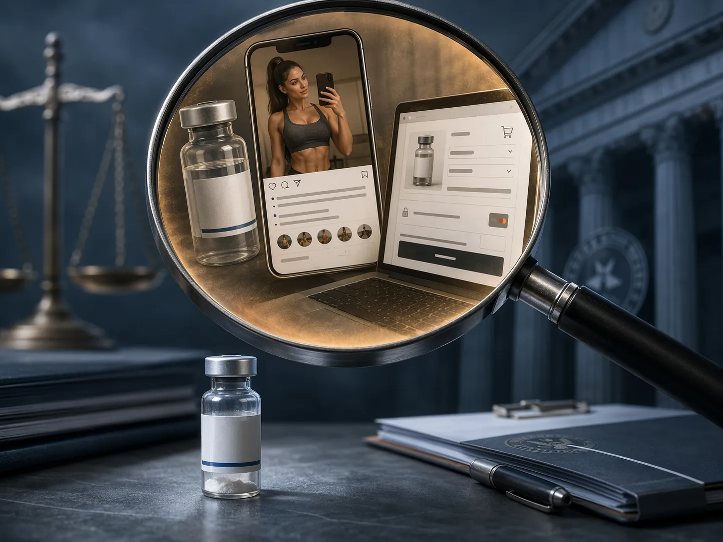 A research use only peptide vial examined with a magnifying glass showing surrounding evidence such as bacteriostatic water, dosing instructions, and a payment page