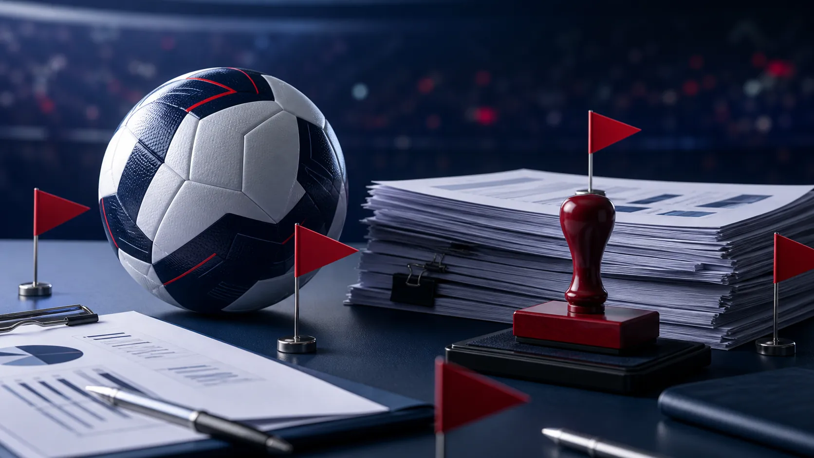 Soccer ball beside compliance documents, red stamp, and red flag markers in a stadium-themed regulation-desk scene