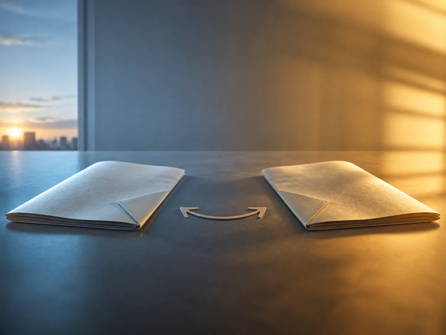 Two legal filings facing each other under morning and afternoon light to represent reciprocal complaints filed on the same day