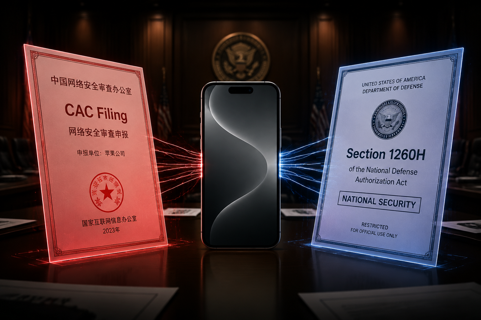 A smartphone connected to CAC and Pentagon Section 1260H regulatory documents