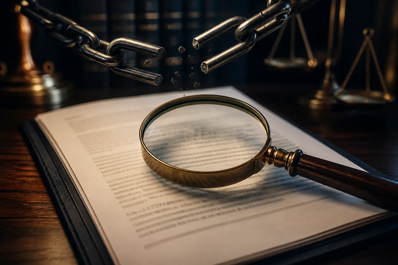 Open legal brief under a magnifying glass with blurred citation text suggesting an unverified citation under scrutiny