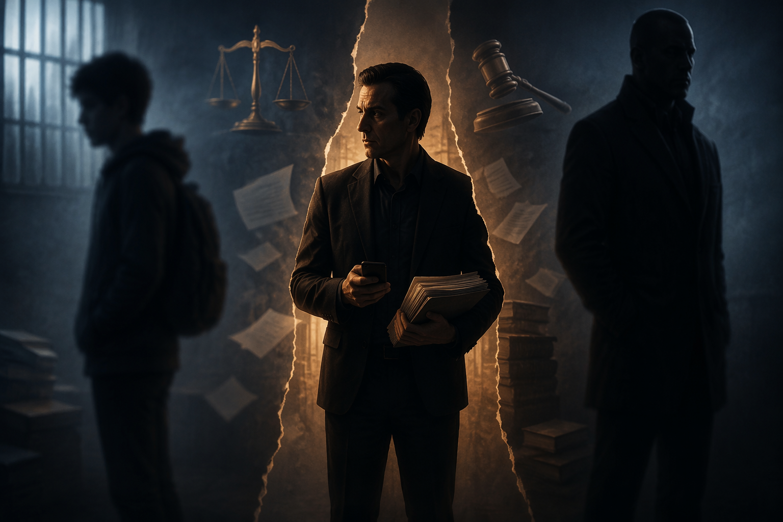 Shadowy intermediary figure between a vulnerable young person and an imposing figure, surrounded by legal symbols