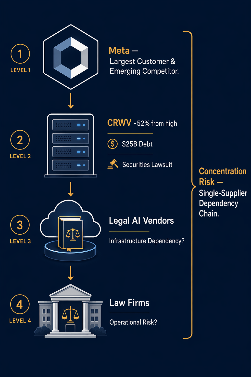 Diagram showing Meta, CoreWeave, legal AI vendors, and law firms in a vertical concentration-risk dependency chain
