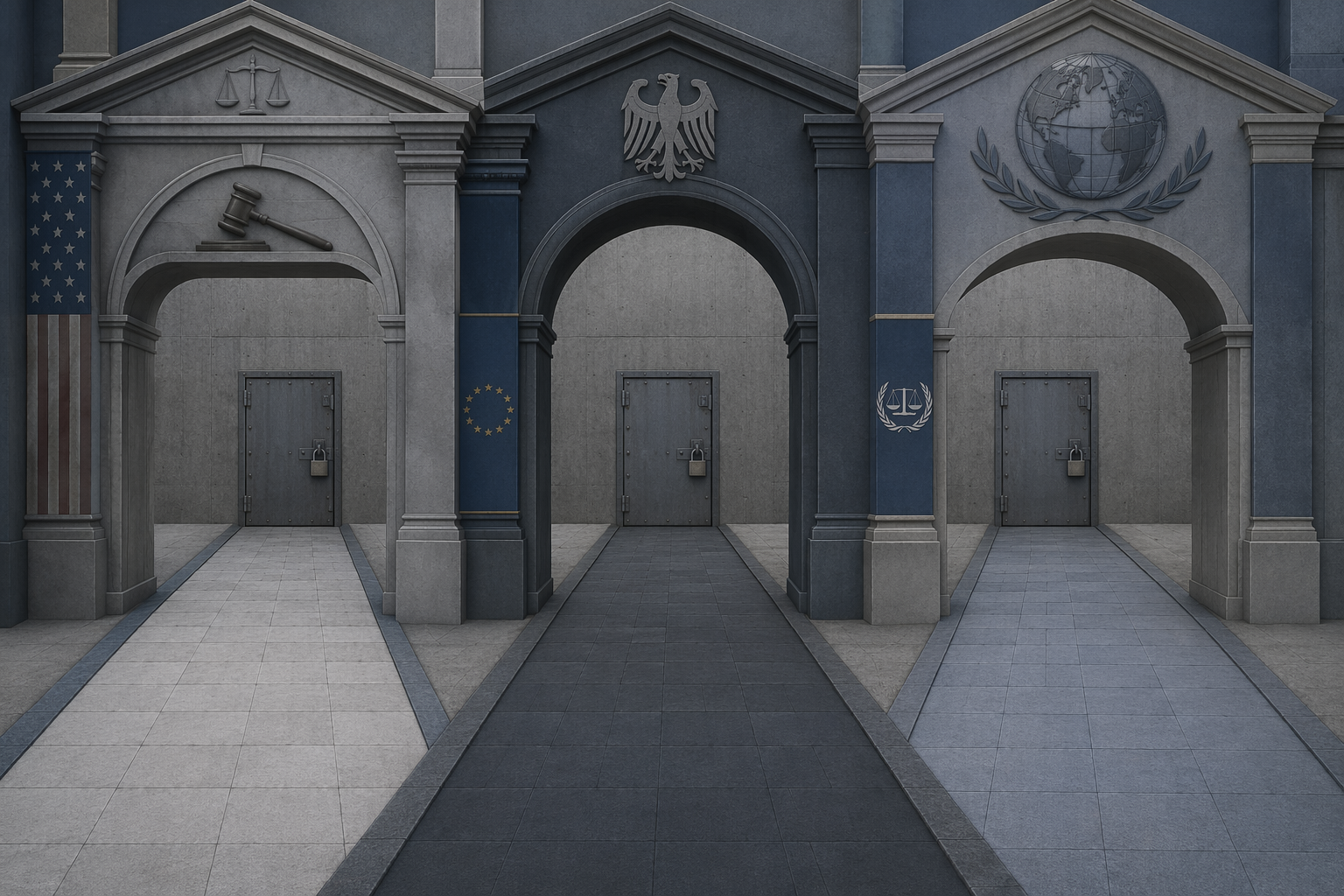 Three legal pathways representing US courts, German courts, and international forums ending at locked doors