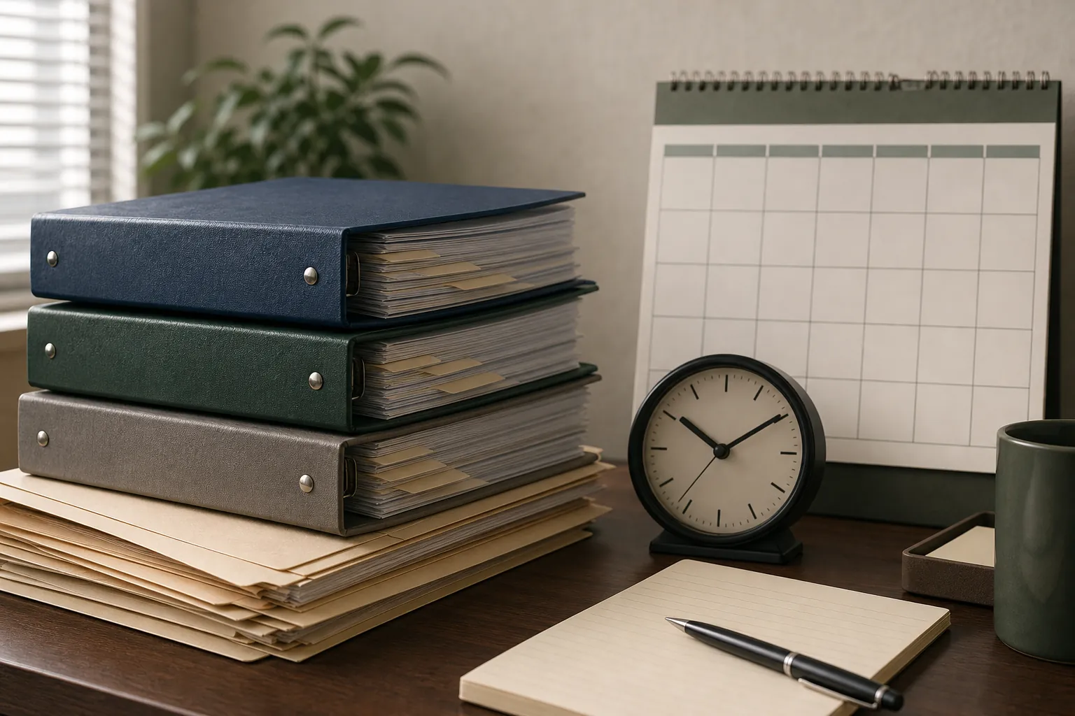Stack of bound committee records and folders beside a desk clock and blank calendar, suggesting an ongoing process with no fixed deadline