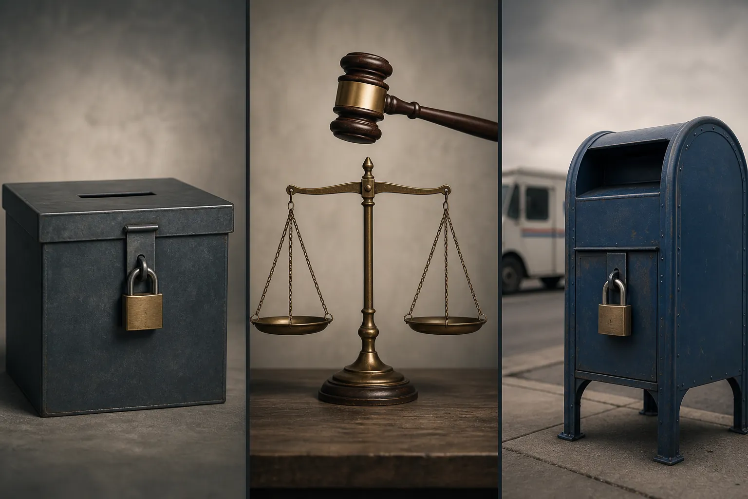 A triptych showing a locked ballot box, scales of justice, and a locked mailbox