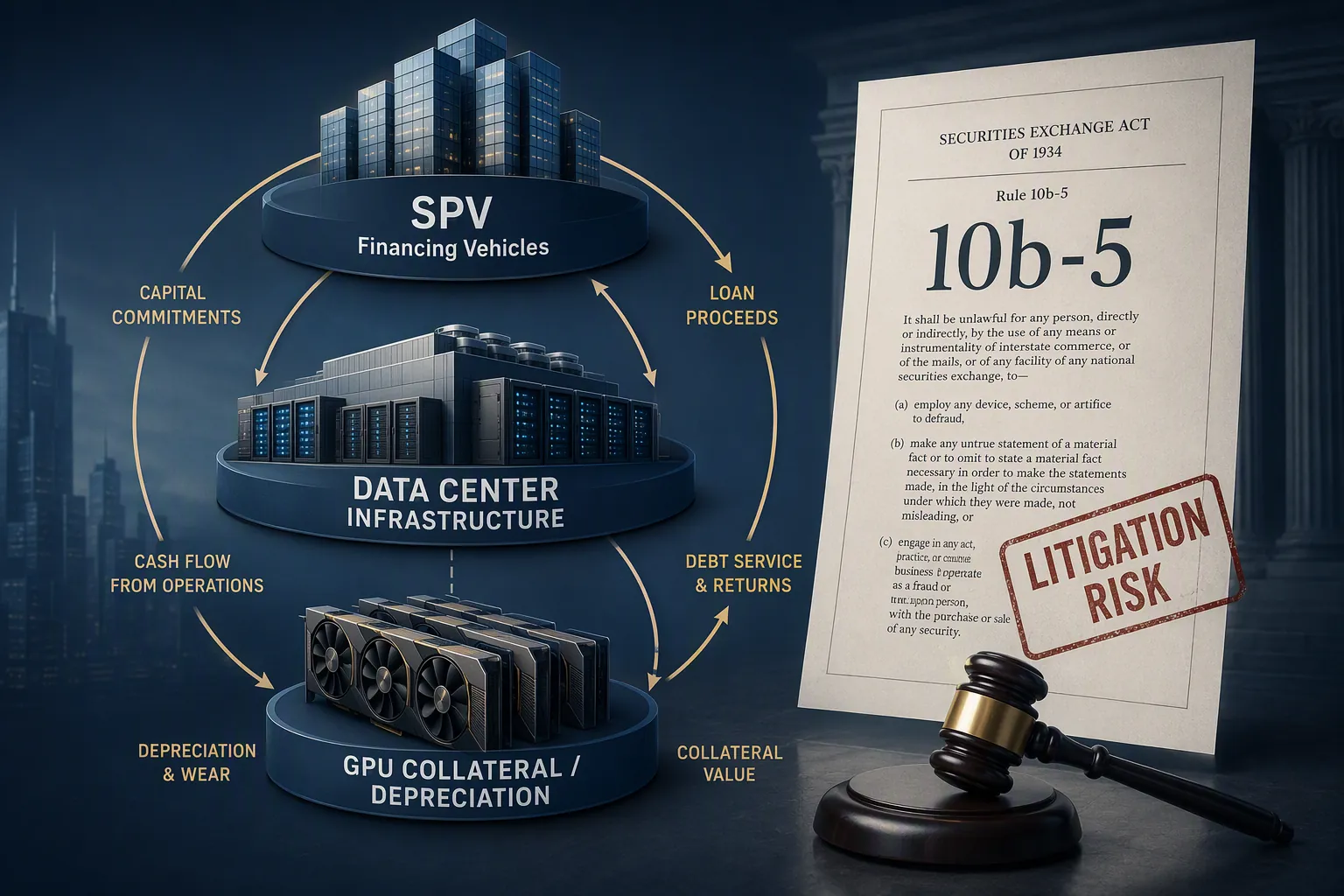 Circular AI infrastructure financing flow involving SPVs, data centers, GPU collateral, and securities litigation risk