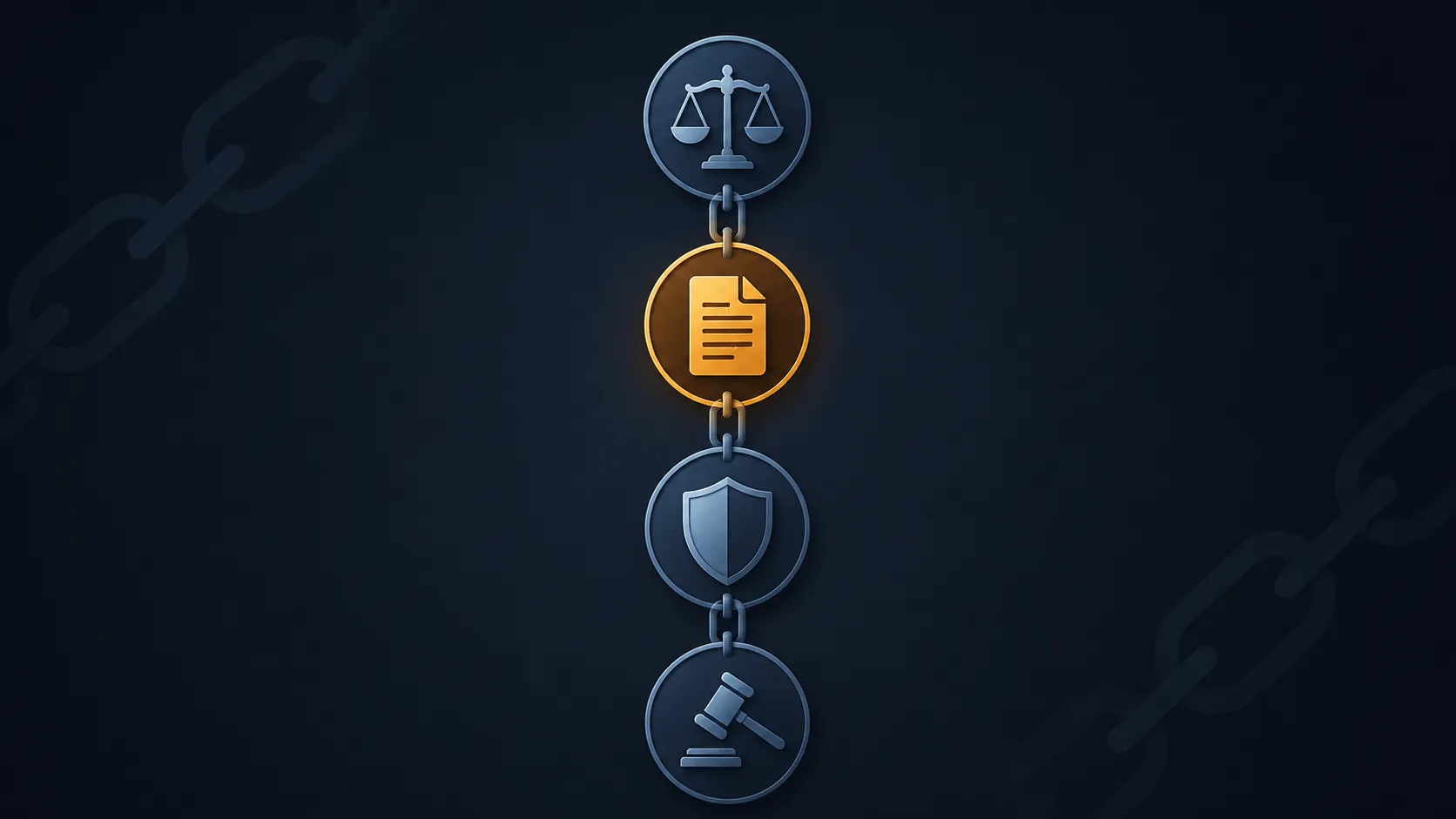 A four-part verification chain with scales, document, shield, and gavel icons connected by chain links