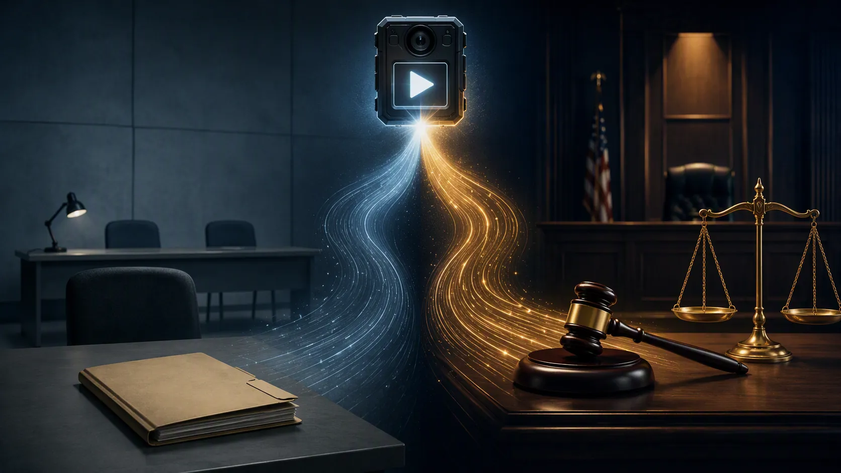 Video-recording icon splitting toward an administrative hearing desk and a criminal courtroom