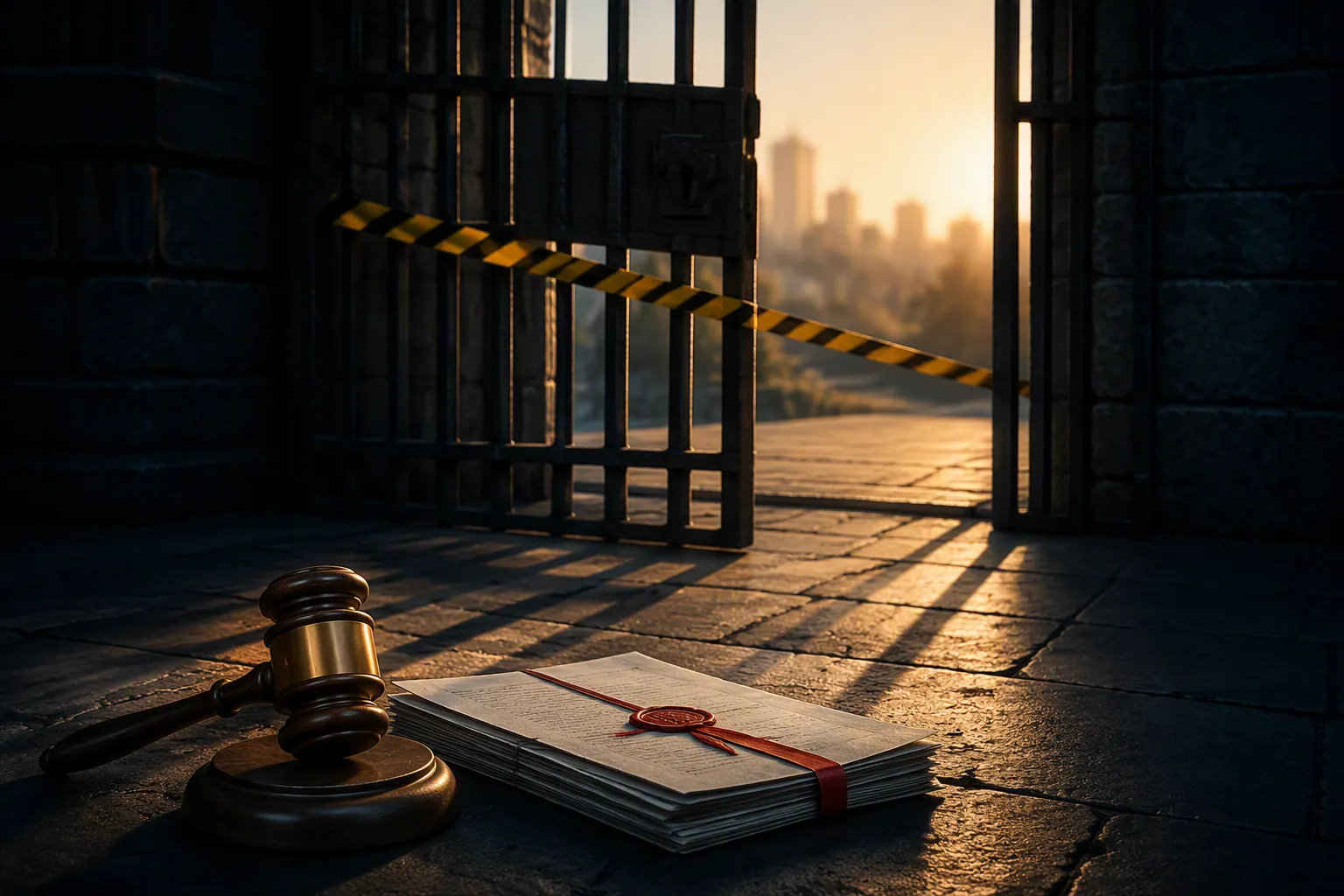 A prison gate standing ajar with a gavel, sealed legal documents, and caution tape indicating conditional release