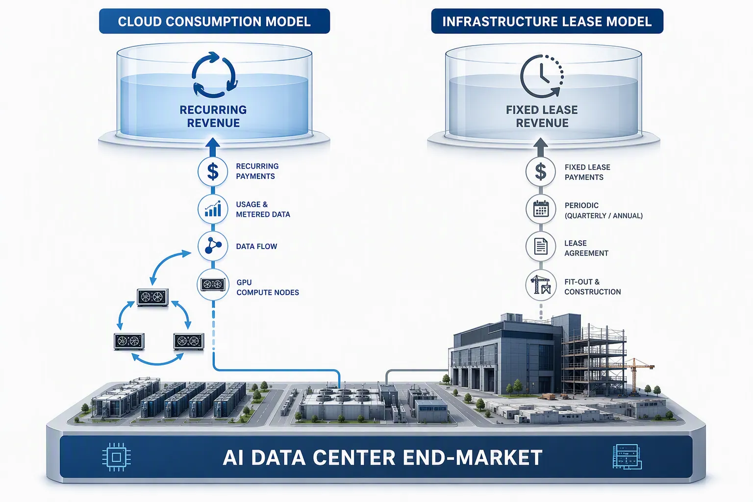 Comparison diagram showing recurring GPU cloud consumption revenue and data center lease revenue pathways