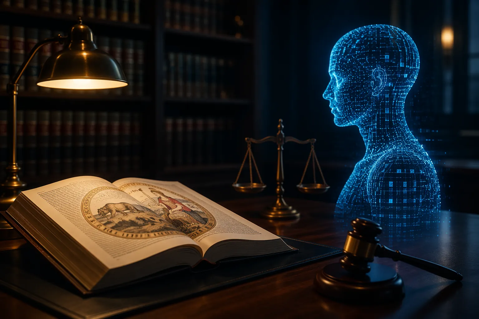 Law book on a desk beside a holographic human silhouette, suggesting the tension between statutory law and AI digital replicas