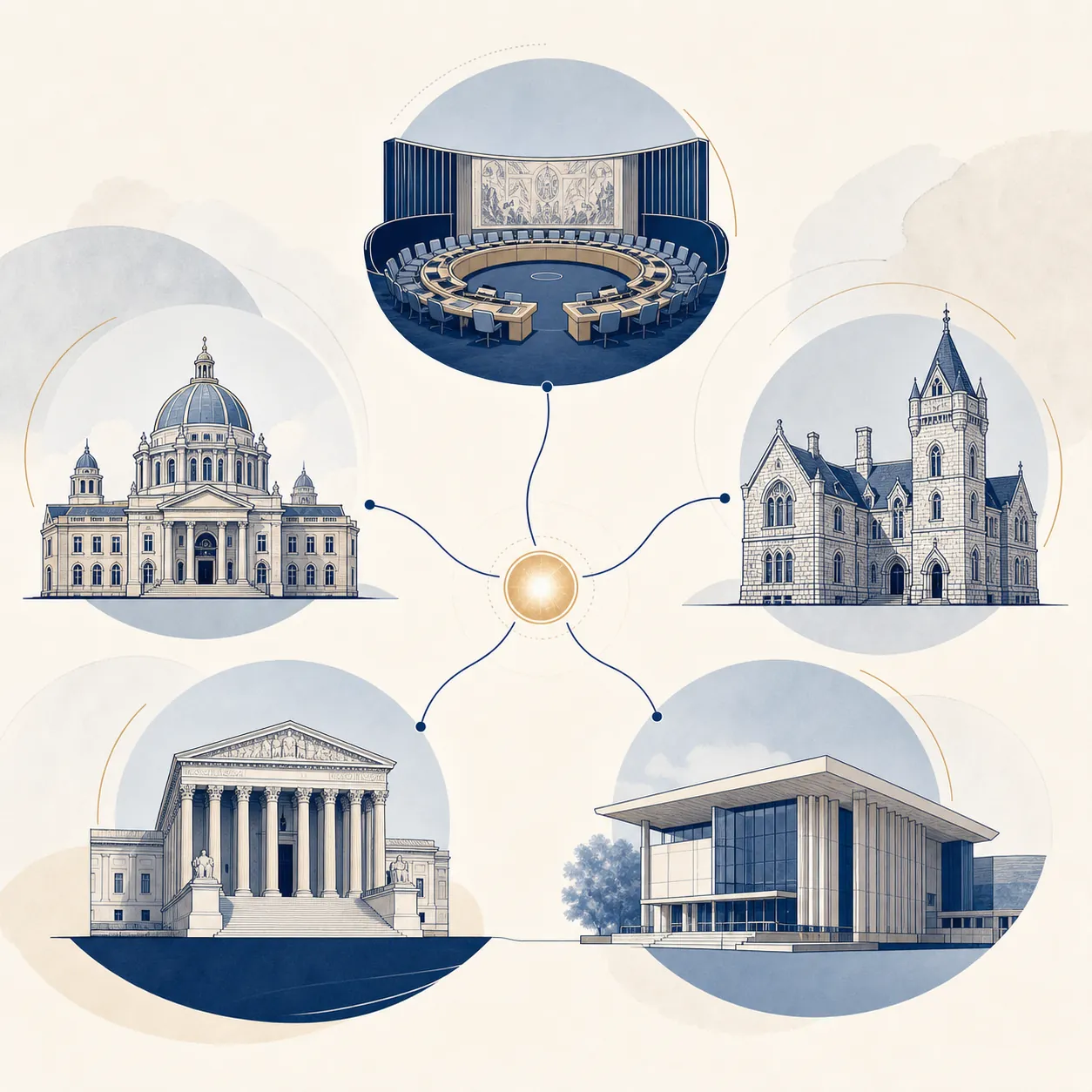 Five legal forums connected to one central Pan Am 103 case node