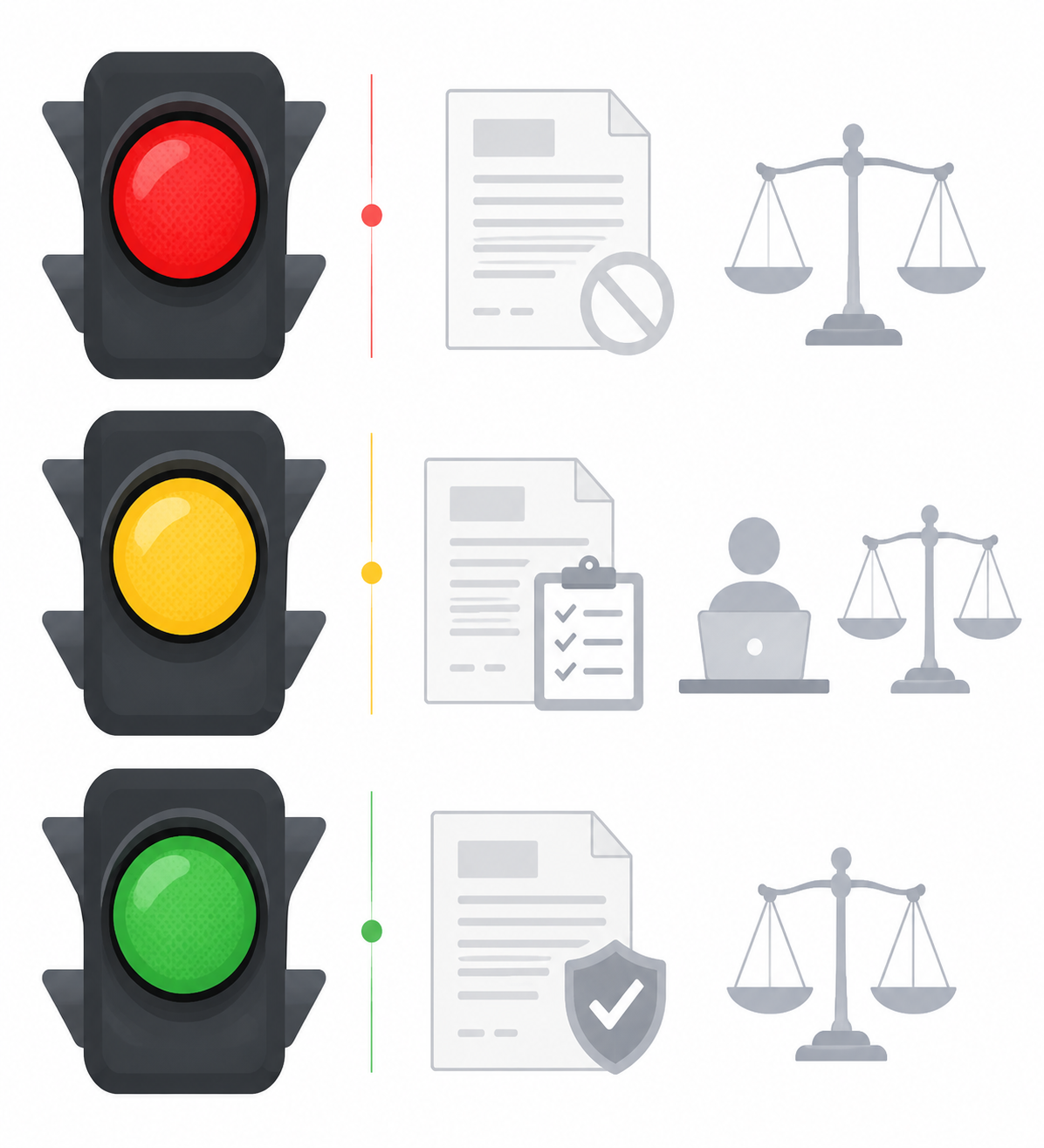 Red yellow and green indicators beside legal document icons showing a traffic-light risk classification system