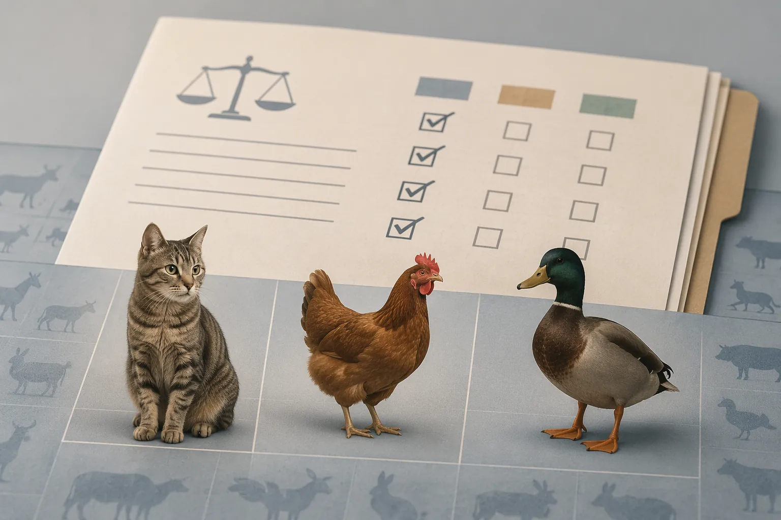 Cat, chicken, and duck arranged in grid squares over a legal document with numbered counts and checkboxes