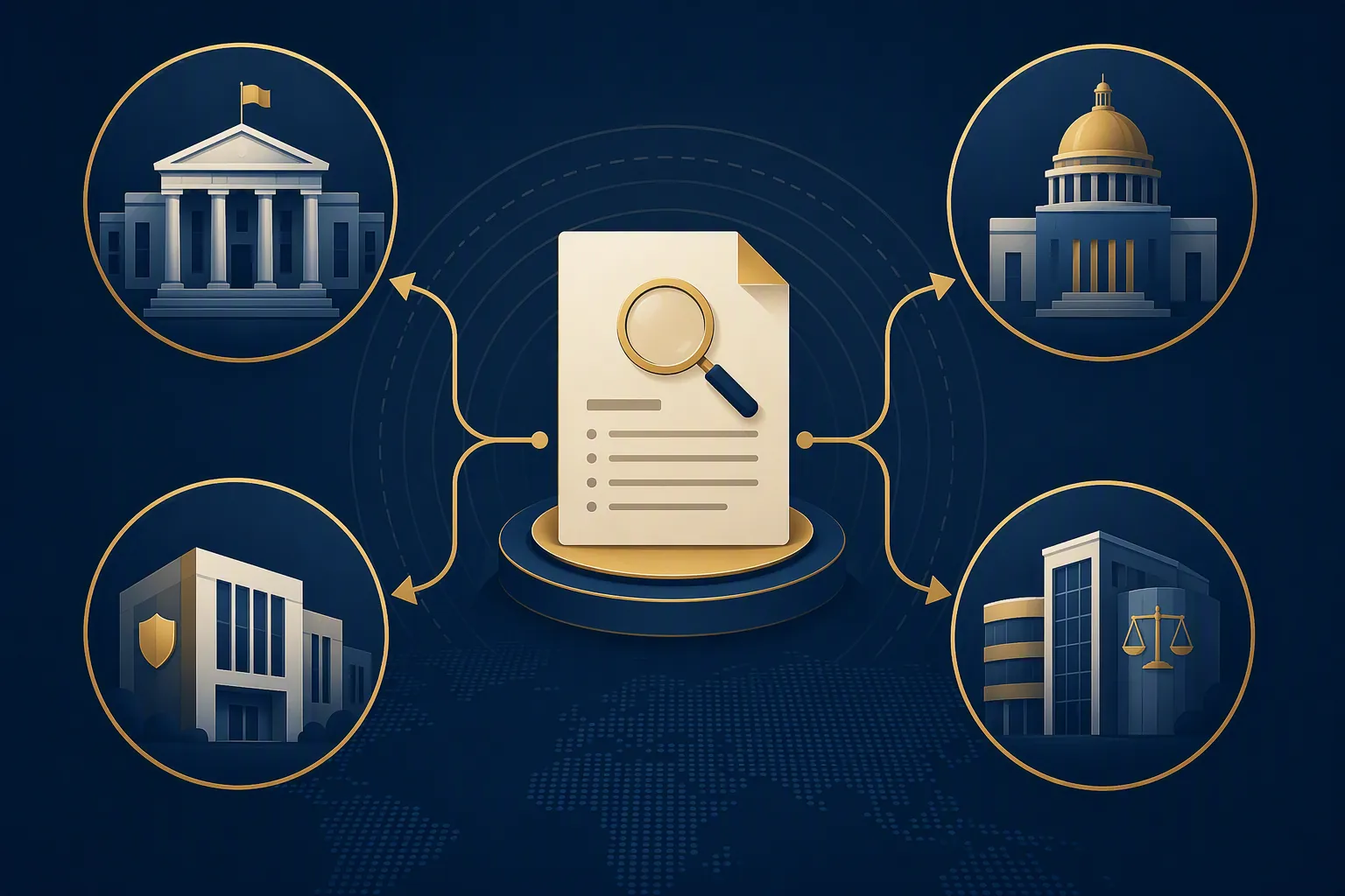Central document icon branching to multiple institutional shapes representing parallel legal risk pathways