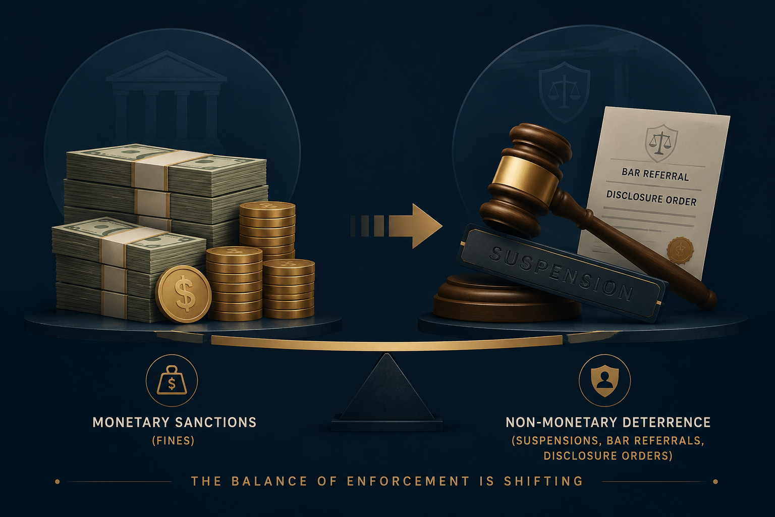 Conceptual illustration comparing stacks of coins for fines with a gavel, suspension bar, and document symbol for non-monetary sanctions
