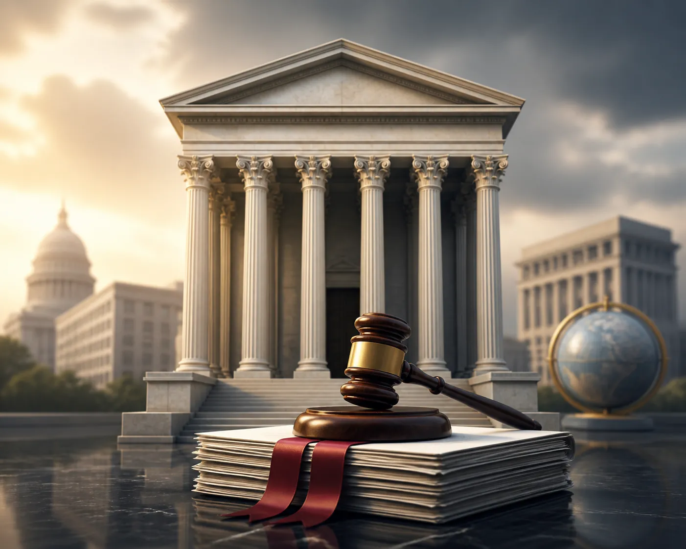Courthouse facade with gavel and legal briefs in the foreground, suggesting the federal court controls the merger outcome