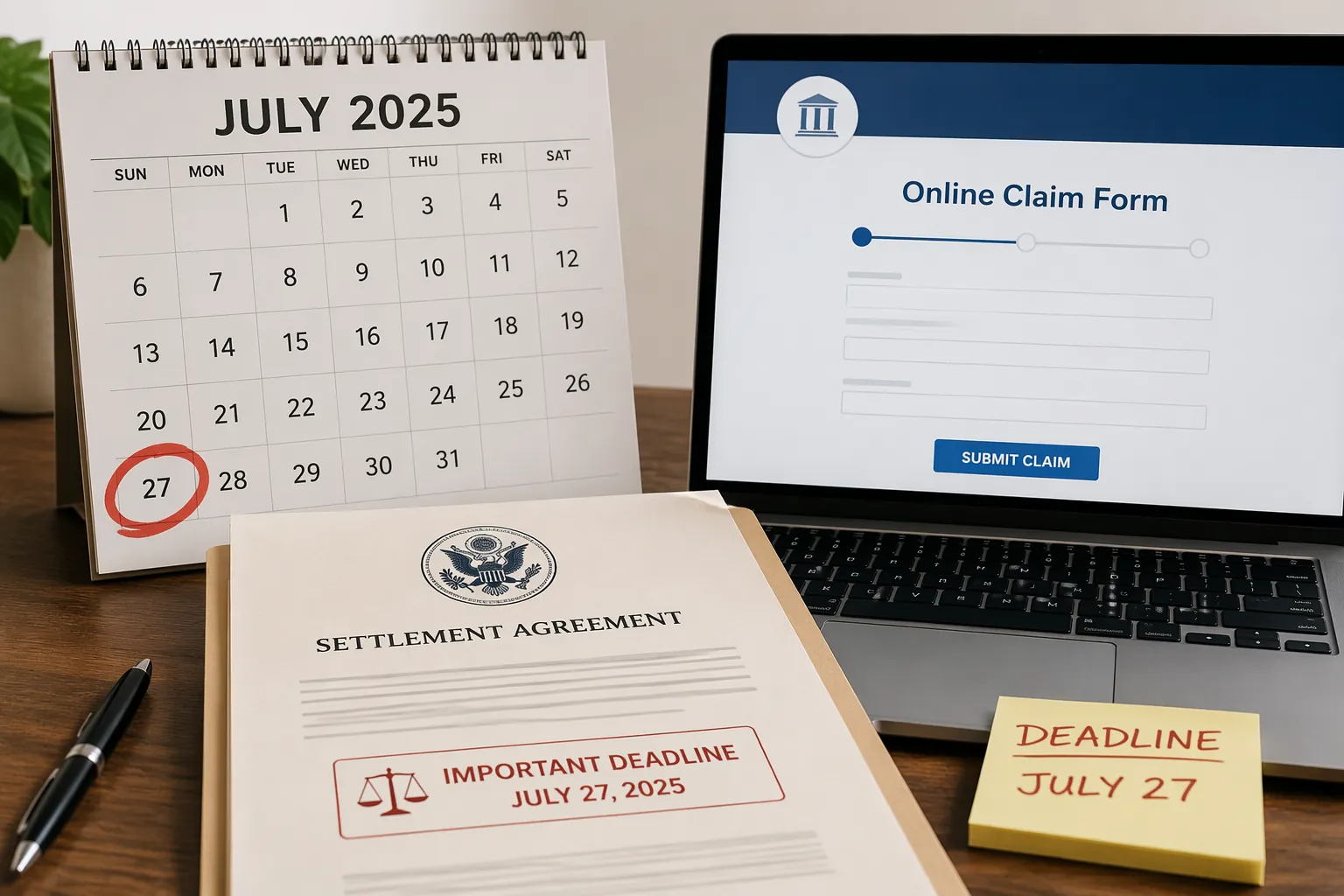 Calendar with July 27 circled beside an online claim form and government document folder