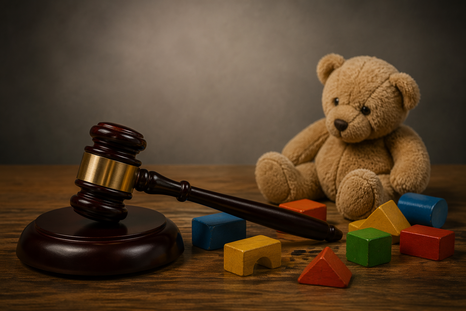 Judge's gavel beside children's blocks and a teddy bear