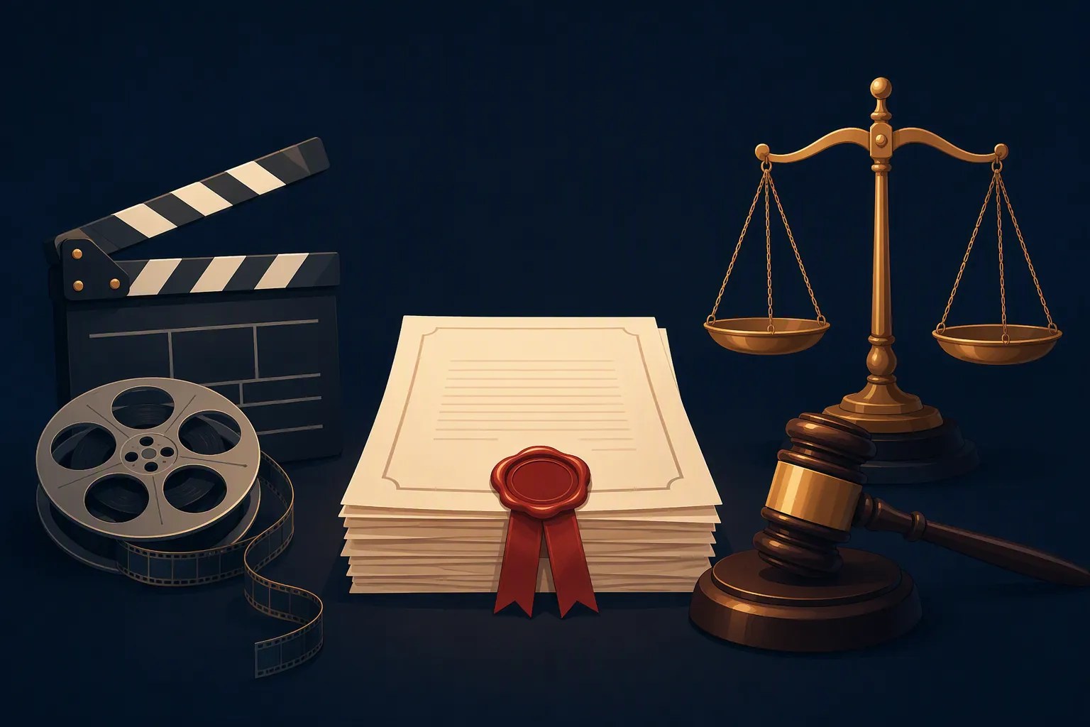 Film and legal elements with contracts, scales of justice, a gavel, and a clapperboard