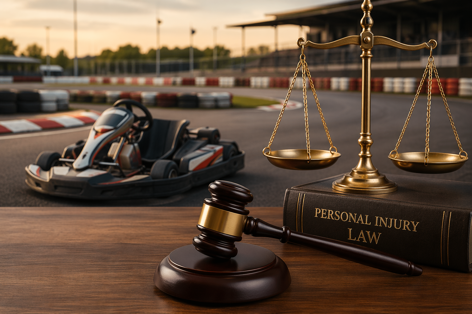Go-kart track with a gavel, law book, and scales of justice